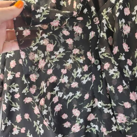 Böhme Womens‎ S Black Pink Floral Blouse Ruffle Front Long Sleeve Sheer Lined - Picture 6 of 11